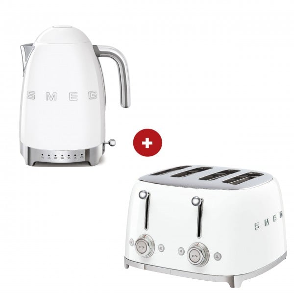 smeg Set – 4-Schlitz-Toaster und Wasserkocher variable Temperatur (Weiß)