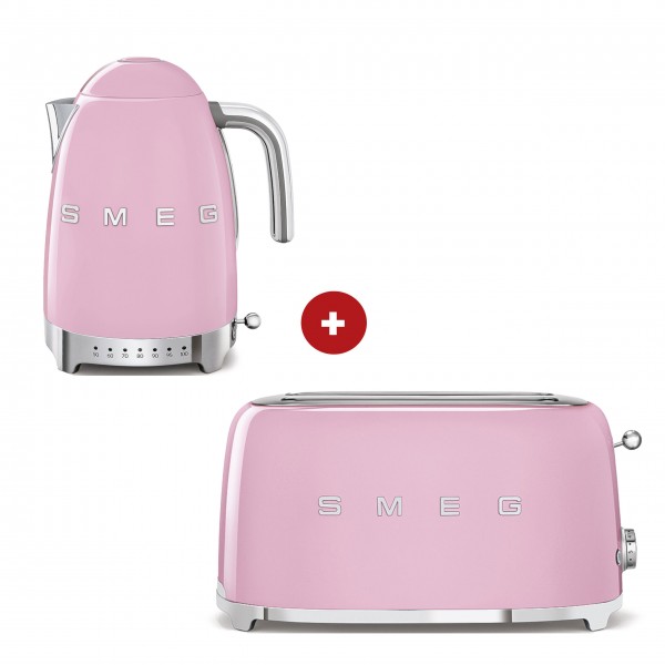 smeg Set – 2-Schlitz-Toaster lang und Wasserkocher variable Temperatur (Cadillac Pink)