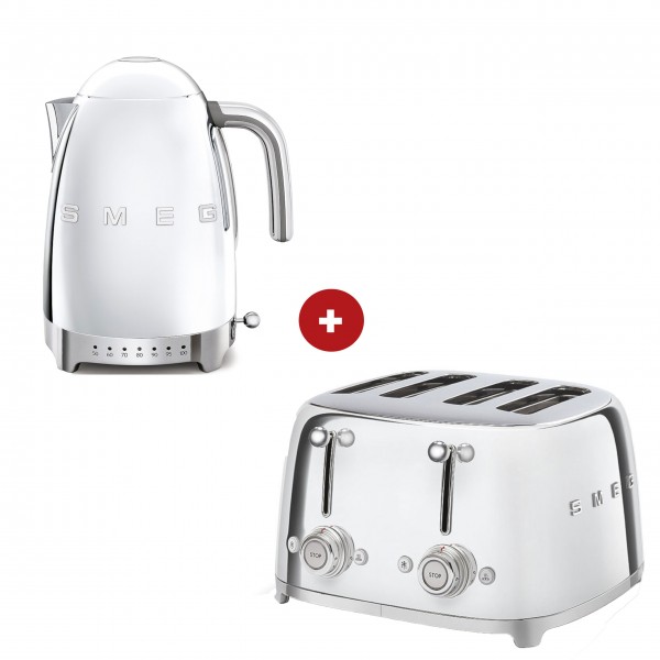 smeg Set – 4-Schlitz-Toaster und Wasserkocher variable Temperatur (Chrom)