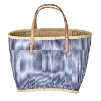 rice Tasche "Raffia - Vichy" mit Lederhenkeln - L (Dark Navy) 