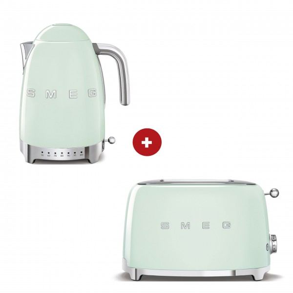 smeg Set – 2-Schlitz-Toaster kompakt und Wasserkocher variable Temperatur (Pastellgrün)