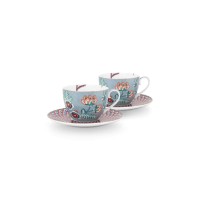 Pip Studio Tasse mit Unterteller 2er-Set "Flower Festival" - 280ml (Blau)