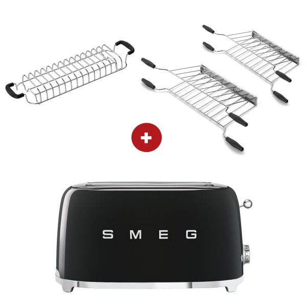 smeg Toaster Set - 2-Schlitz-Toaster lang (Schwarz) mit Röstaufsatz und zwei Sandwichzangen