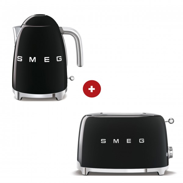 smeg Set – 4-Schlitz-Toaster und Wasserkocher feste Temperatur (Schwarz)