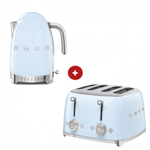 smeg Set – 4-Schlitz-Toaster und Wasserkocher variable Temperatur (Pastellblau)