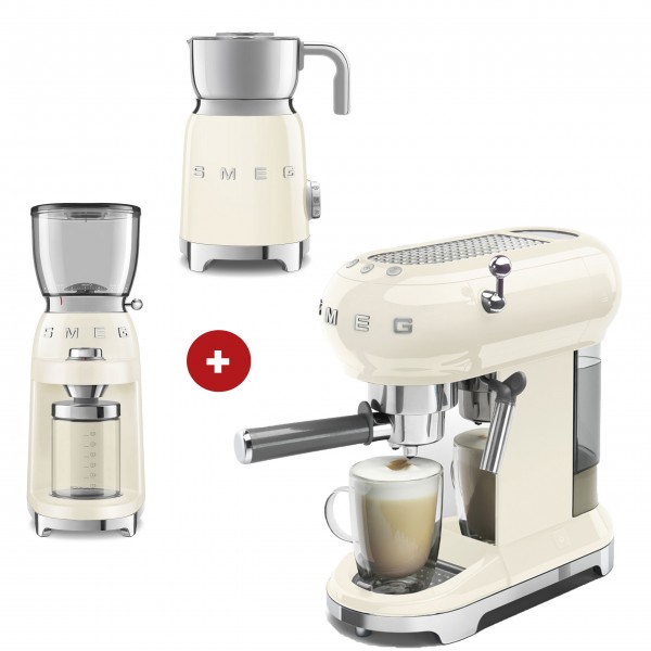 smeg Espressomaschine mit smeg Milchaufschäumer und smeg Kaffeemühle im Set