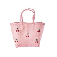 rice Korbtasche aus Raffia "Cherries/Kirschen" - Medium (Pink)
