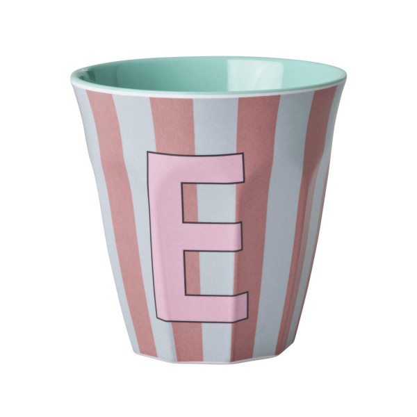 rice Melamin Becher mit Streifen "Buchstabe E" - Medium (Rosa/Hellblau)