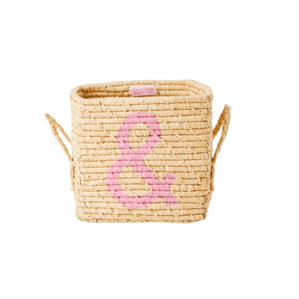 rice Aufbewahrungskorb aus Raffia mit Griffen "&" (Natur/Pink)