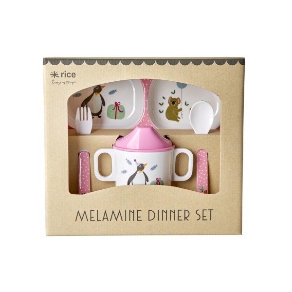 rice Melamin Baby-Geschirr-Set in Geschenkbox "Party Animal" (Pink)