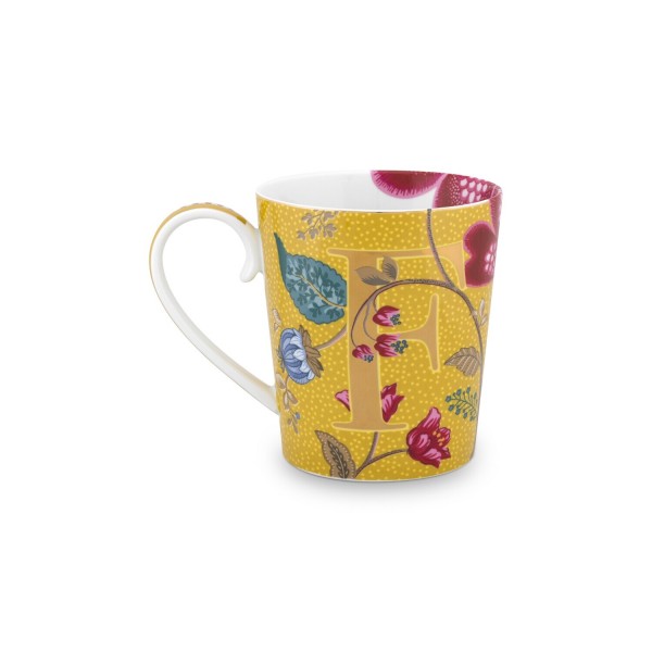 Pip Studio Tasse Buchstabe F "Alphabet Mug – Blushing Birds" – 350 ml (Gelb)