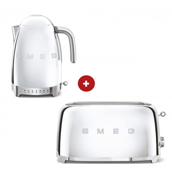 smeg Set – 2-Schlitz-Toaster lang und Wasserkocher variable Temperatur (Chrom)