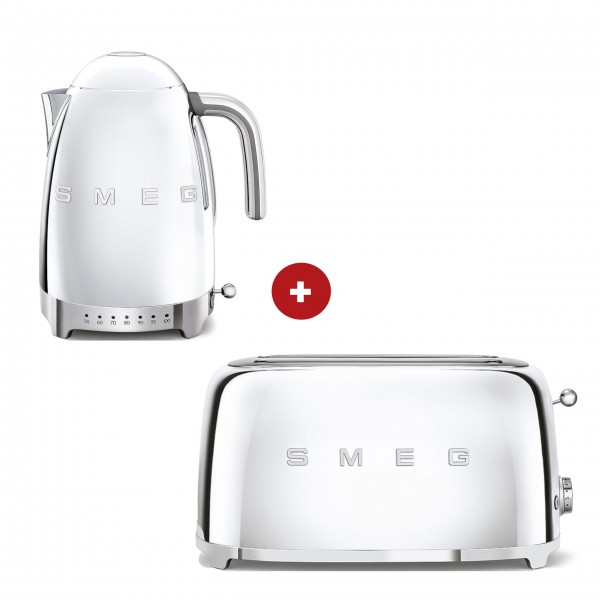 smeg Set aus 2-Schlitz-Toaster lang und Wasserkocher variable Temperatur (Chrom)