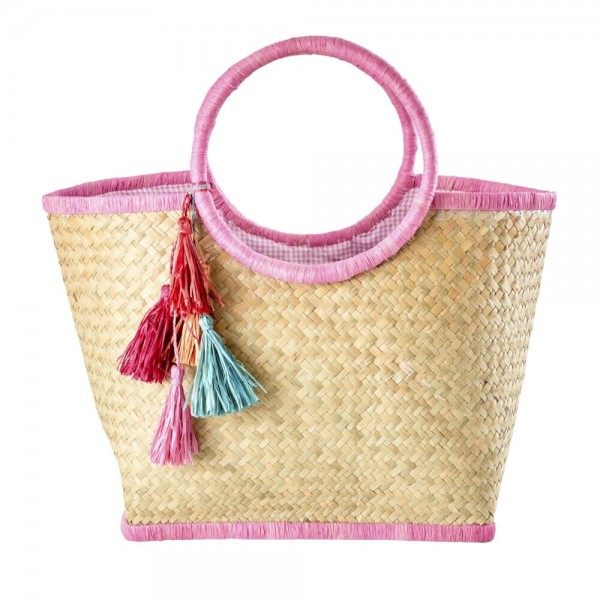 rice Korbtasche aus Raffia mit Quasten (Natur/Pink)