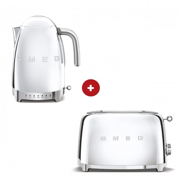 smeg Set – 2-Schlitz-Toaster kompakt und Wasserkocher variable Temperatur (Chrom)