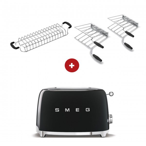 smeg Toaster Set - 2-Schlitz-Toaster kompakt (Schwarz) mit Röstaufsatz und zwei Sandwichzangen