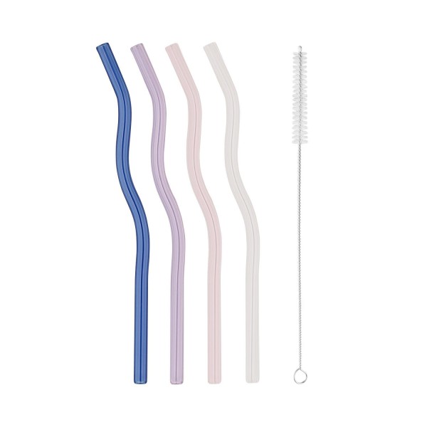 Wellige Glas-Strohhalme im 4er-Set - 20 cm (Rosa/Flieder/Blau/Transparent) von Eulenschnitt