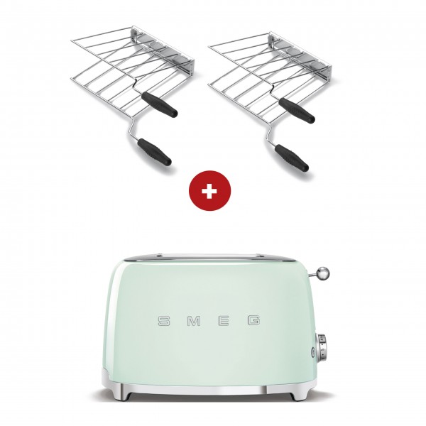 smeg Sandwich-Set aus 2-Schlitz-Toaster kompakt (Pastellgrün) mit zwei Sandwichzangen