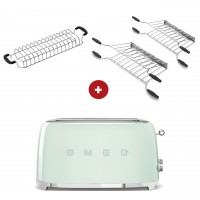 smeg Toaster Set - 2-Schlitz-Toaster lang (Pastellgrün) mit Röstaufsatz und zwei Sandwichzangen