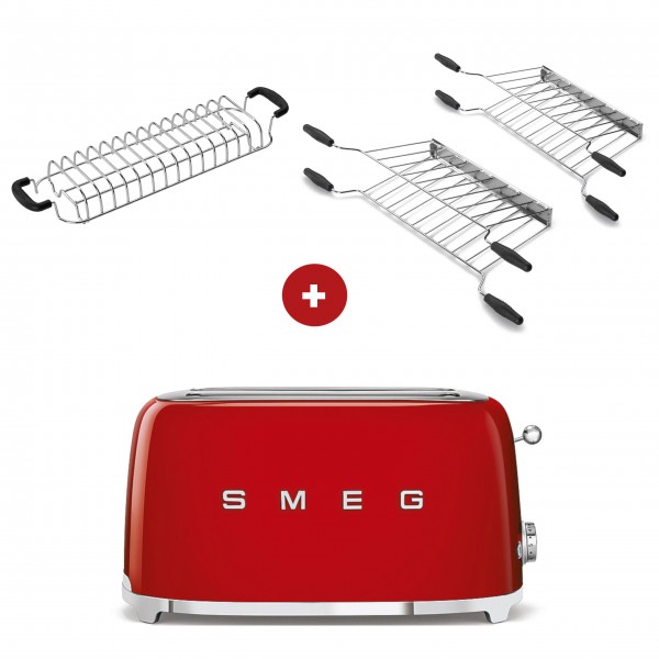 smeg Toaster Set - 2-Schlitz-Toaster lang (Rot) mit Röstaufsatz und zwei Sandwichzangen