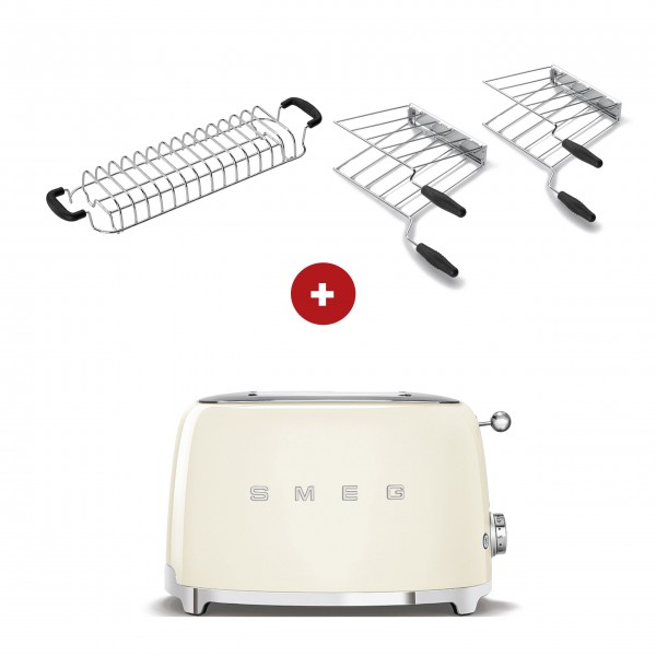 smeg Toaster Set - 2-Schlitz-Toaster kompakt (Creme) mit Röstaufsatz und zwei Sandwichzangen