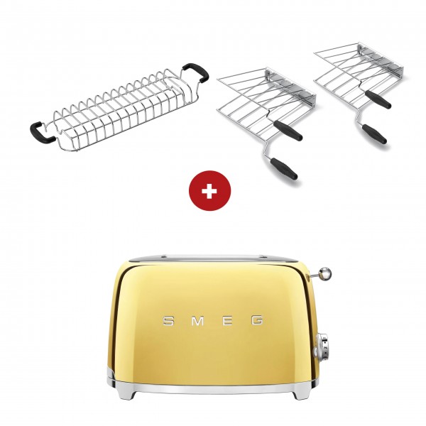 smeg Toaster Set - 2-Schlitz-Toaster kompakt (Gold) mit Röstaufsatz und zwei Sandwichzangen
