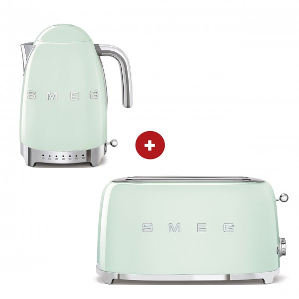 smeg Set – 2-Schlitz-Toaster lang und Wasserkocher variable Temperatur (Pastellgrün)