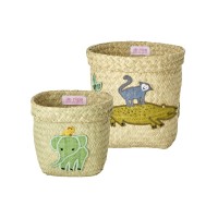 rice Runder Korb "Raffia - Animal" im 2er-Set - 20x19 cm (Natur/Grün)