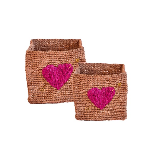 rice Aufbewahrungskorb quadratisch "Raffia - Red Heart" im 2er-Set - S & L (Tea)