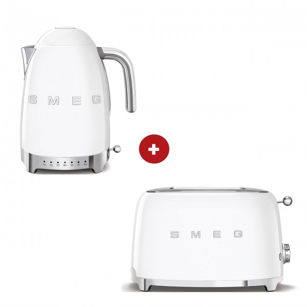 smeg Set – 2-Schlitz-Toaster kompakt und Wasserkocher variable Temperatur (Weiß)