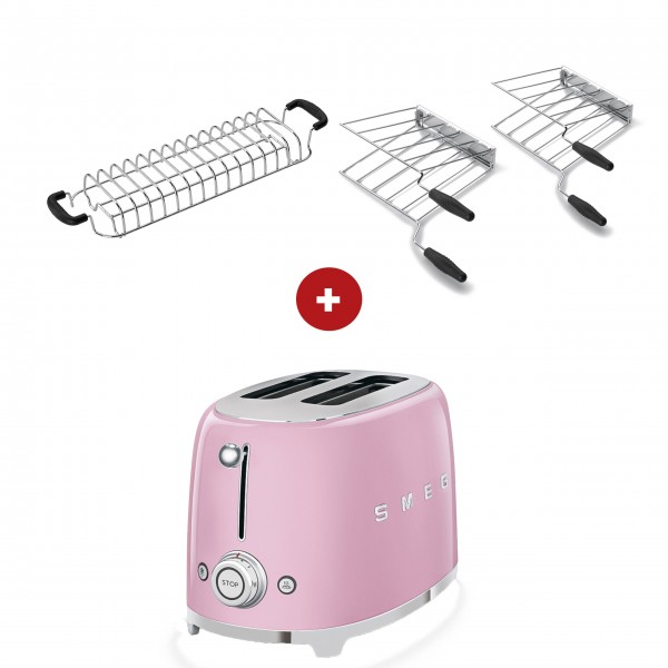 smeg Toaster Set - 2-Schlitz-Toaster kompakt (Cadillac Pink) mit Röstaufsatz und zwei Sandwichzangen