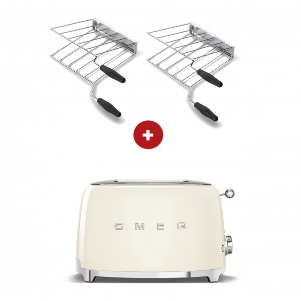 smeg Sandwich-Set aus 2-Schlitz-Toaster kompakt (Creme) mit zwei Sandwichzangen