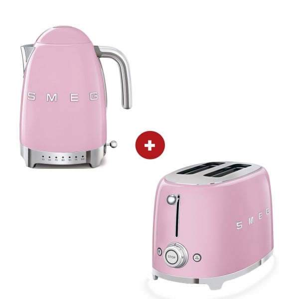 smeg Set – 2-Schlitz-Toaster kompakt und Wasserkocher variable Temperatur (Cadillac Pink)