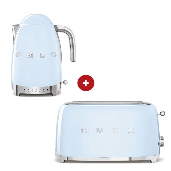 smeg Set aus 2-Schlitz-Toaster lang und Wasserkocher variable Temperatur (Pastellblau)