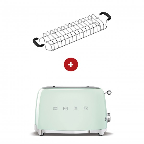 smeg Set - 2-Schlitz-Toaster kompakt (Pastellgrün) mit Röstaufsatz