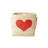 rice Aufbewahrungskorb aus Raffia mit Griffen "Herz" - 20x20x20cm (Natur/Rot)