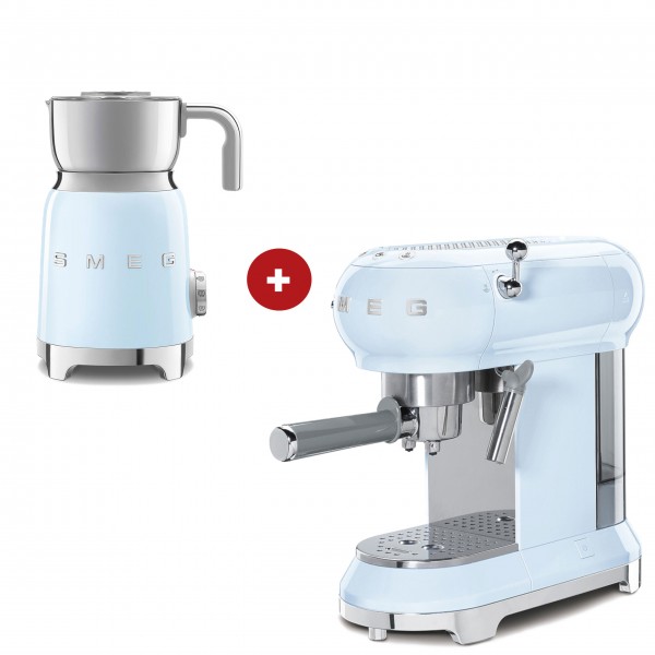 smeg Espressomaschine und smeg Milchaufschäumer im Set (Pastellblau)