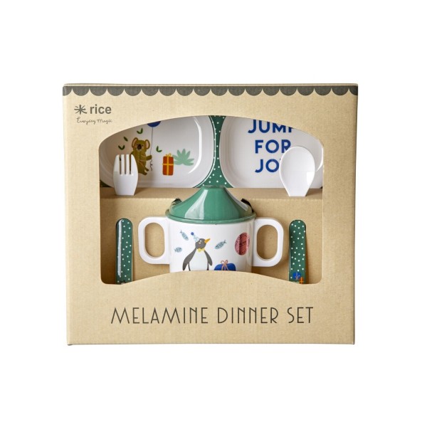 rice Melamin Baby-Geschirr-Set in Geschenkbox "Party Animal" (Grün)