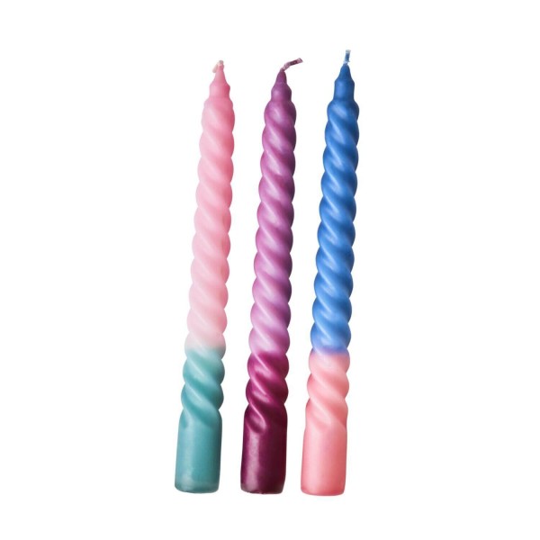 rice Gedrehte Kerzen "Two Tone" - 3er-Set (Blau/Pink/Grün)