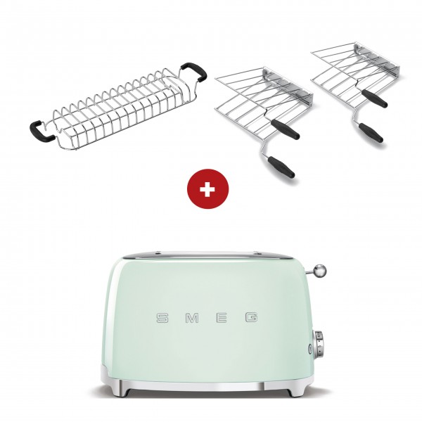 smeg Toaster Set - 2-Schlitz-Toaster kompakt (Pastellgrün) mit Röstaufsatz und zwei Sandwichzangen