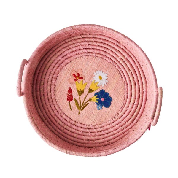 rice Brotkorb rund aus Raffia "Blumen" - Groß (Pink)