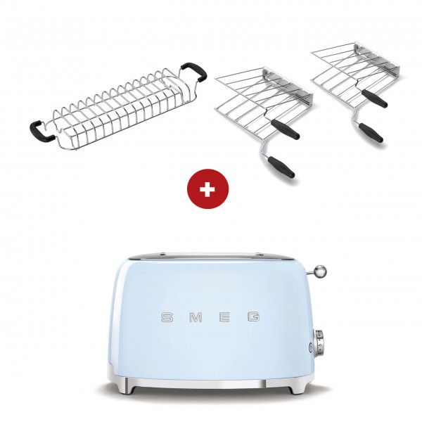 smeg Toaster Set - 2-Schlitz-Toaster kompakt (Pastellblau) mit Röstaufsatz und zwei Sandwichzangen