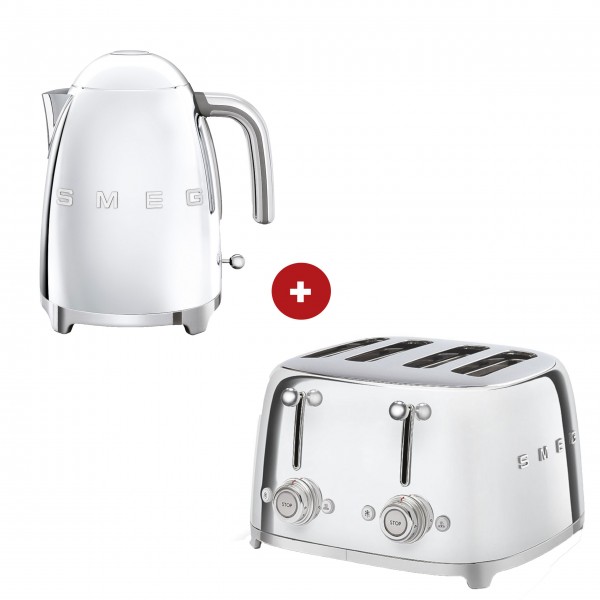 smeg Set – 4-Schlitz-Toaster und Wasserkocher feste Temperatur (Chrom)