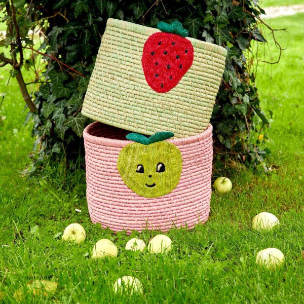 rice Aufbewahrungskorb aus Raffia "Strawberry/Erdbeere" - Rund