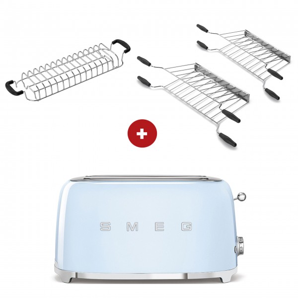 smeg Toaster Set - 2-Schlitz-Toaster lang (Pastellblau) mit Röstaufsatz und zwei Sandwichzangen