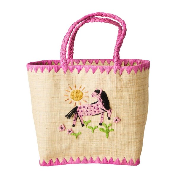 rice Korbtasche aus Raffia "Pferd" - Medium (Pink)