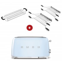 smeg Toaster Set - 2-Schlitz-Toaster lang (Pastellblau) mit Röstaufsatz und zwei Sandwichzangen