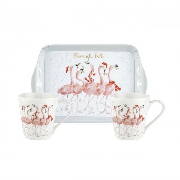 Wrendale Tassen & Tablett "Flamingle Bells" - 3-tlg.