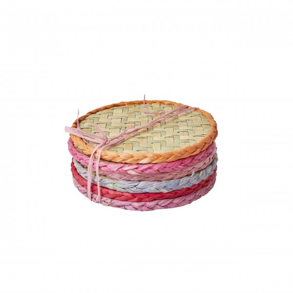 rice Glasuntersetzer im 6er-Set aus Raffia - Handgemacht (Rot/Pink)