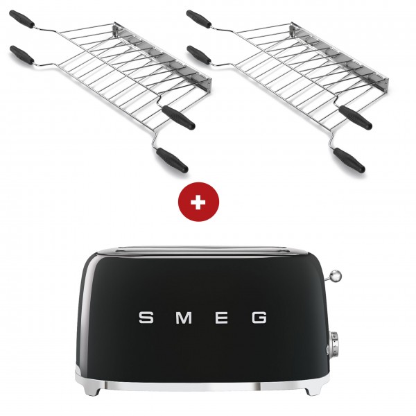 smeg Sandwich-Set aus 2-Schlitz-Toaster lang (Schwarz) mit zwei Sandwichzangen